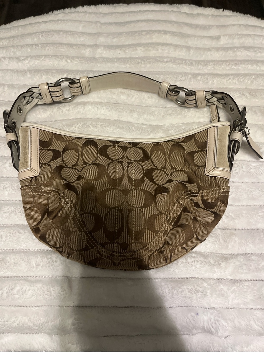 Vintage Coach Signature Jacquard Hobo Shoulder Bag Cream White Leather Y2K